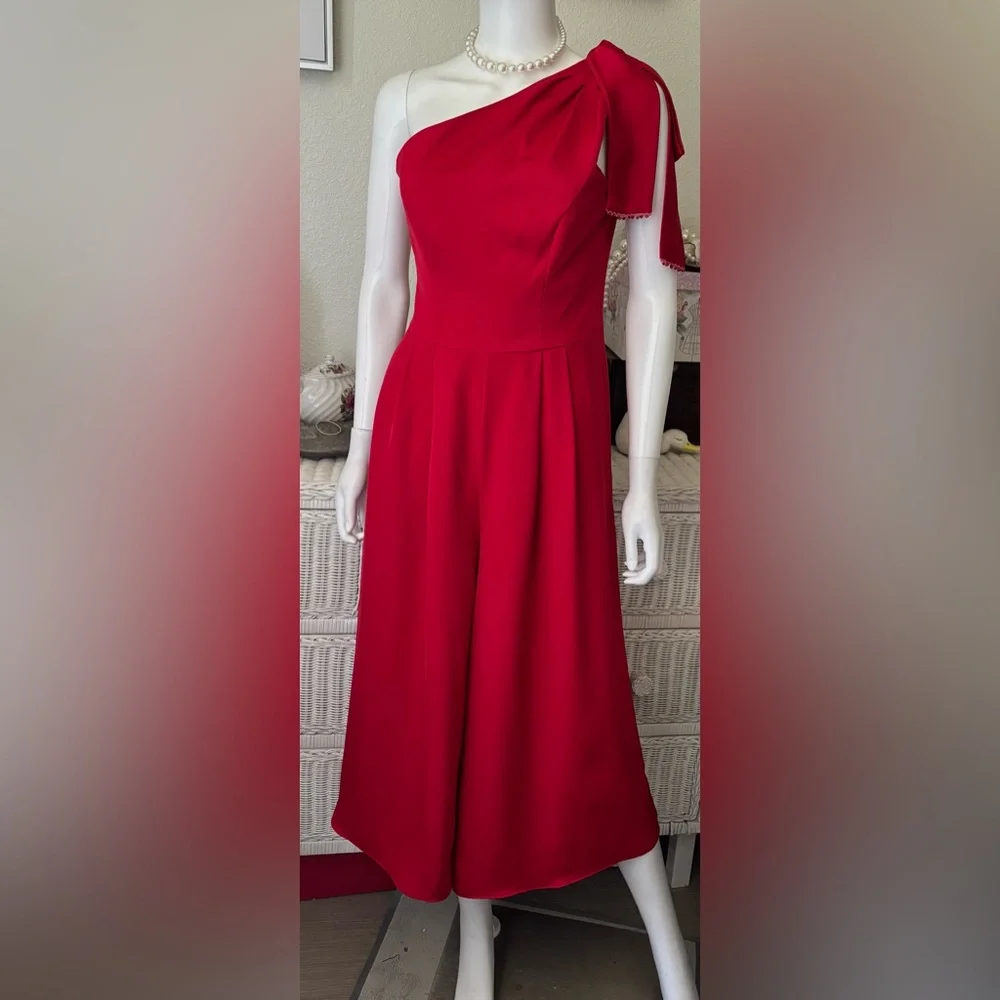 Gal Meets Glam Carmen One Shoulder Jumpsuit Large Red Bow Wide Gaucho Leg Size 4